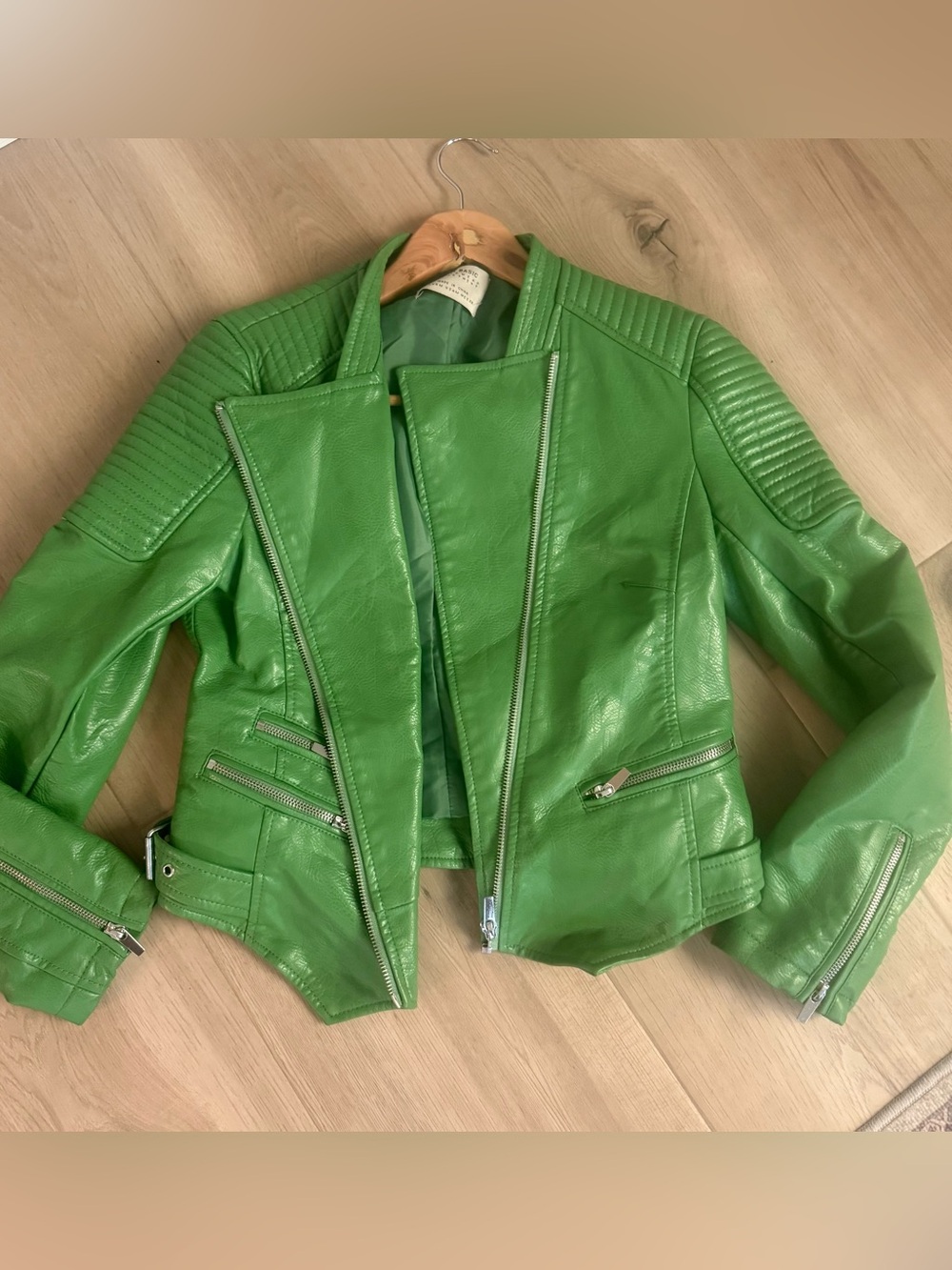 Zara Basic Green Women's Moto Leather Jacket Medium